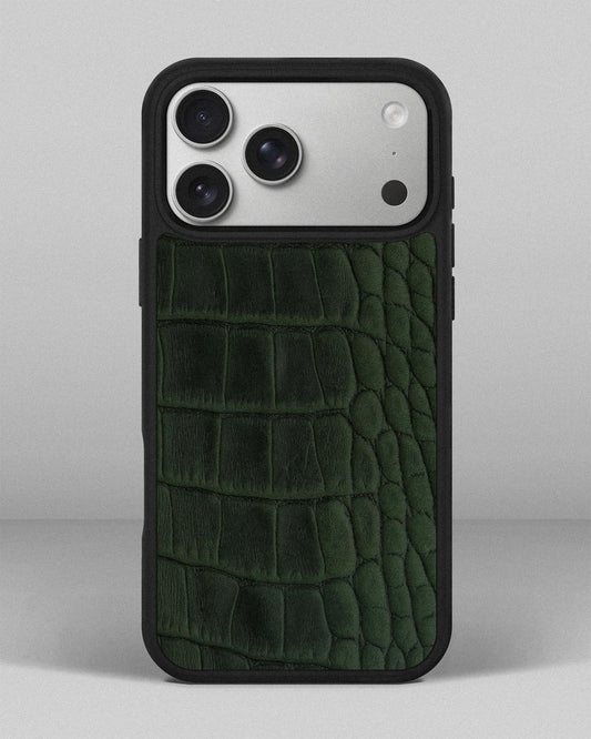 Dark Green Crocodile Emboss on Calfskin Sport Case for iPhone 17 Pro Max