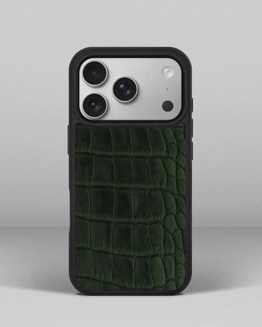 Dark Green Crocodile Emboss on Calfskin Sport Case for iPhone 17 Pro
