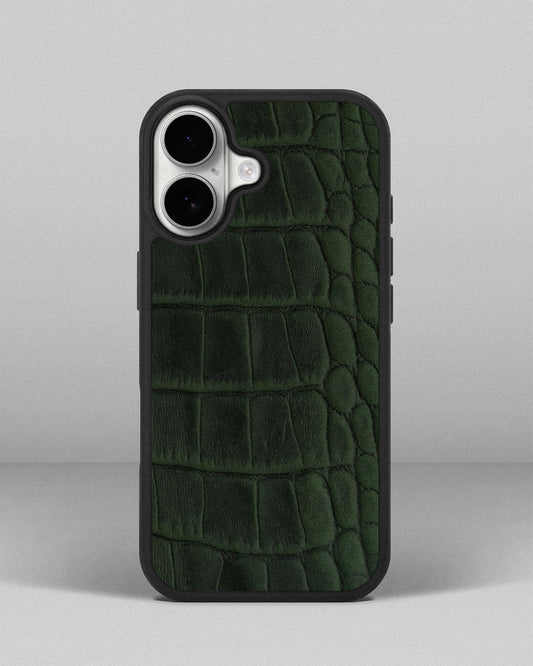 Dark Green Crocodile Emboss on Calfskin Sport Case for iPhone 17