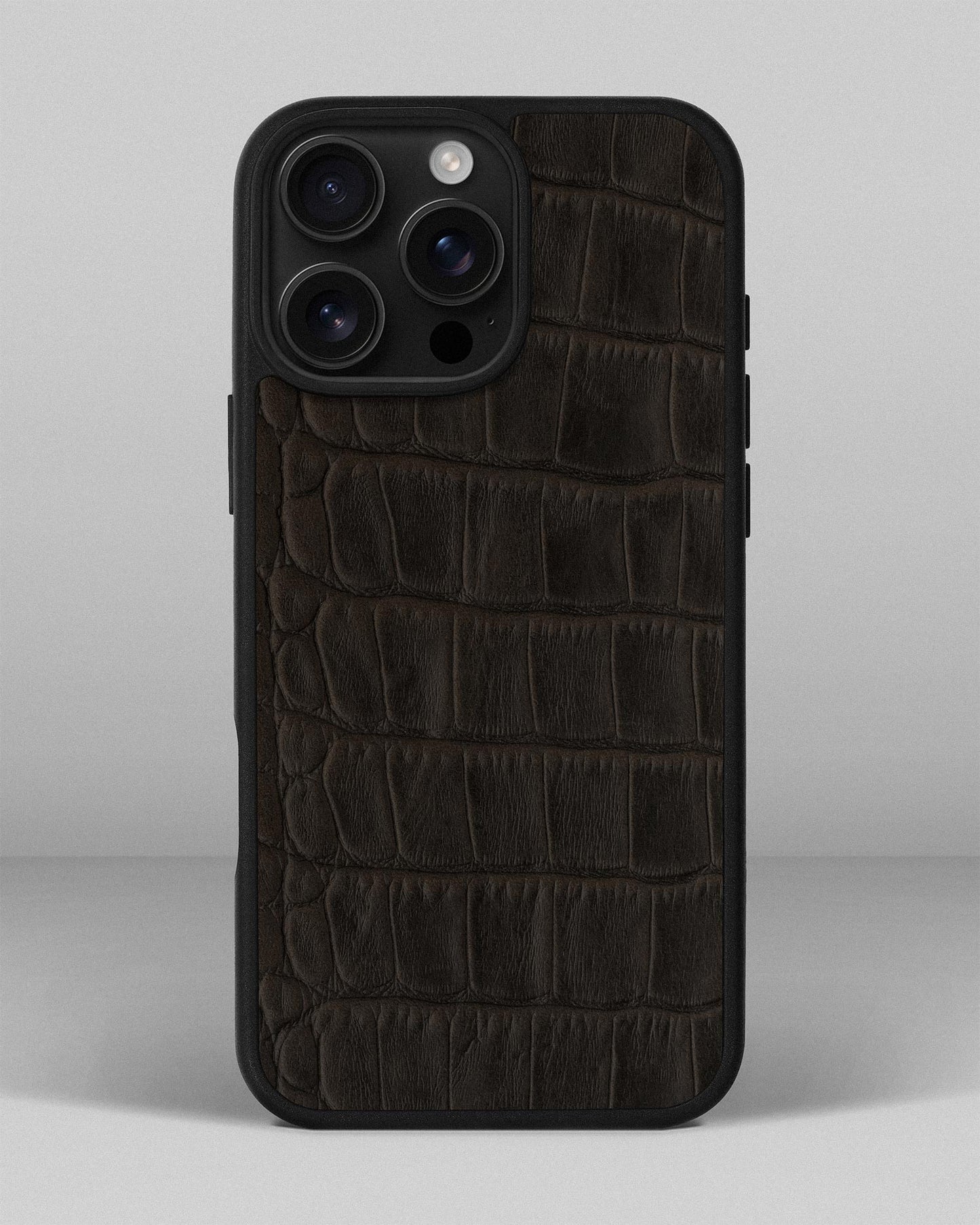 Dark Brown Crocodile Emboss on Calfskin Sport Case for iPhone 16 Pro Max