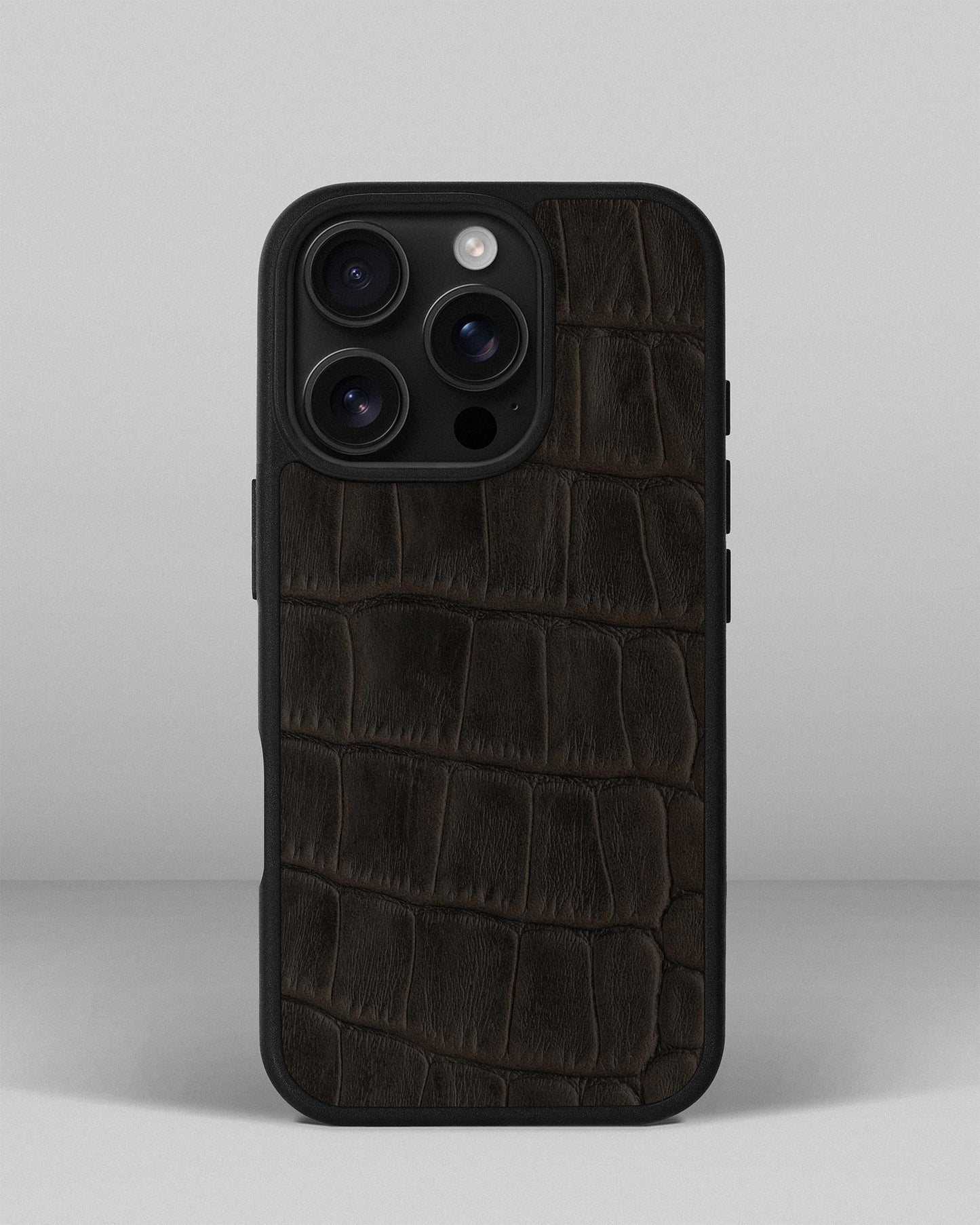 Dark Brown Crocodile Emboss on Calfskin Sport Case for iPhone 16 Pro