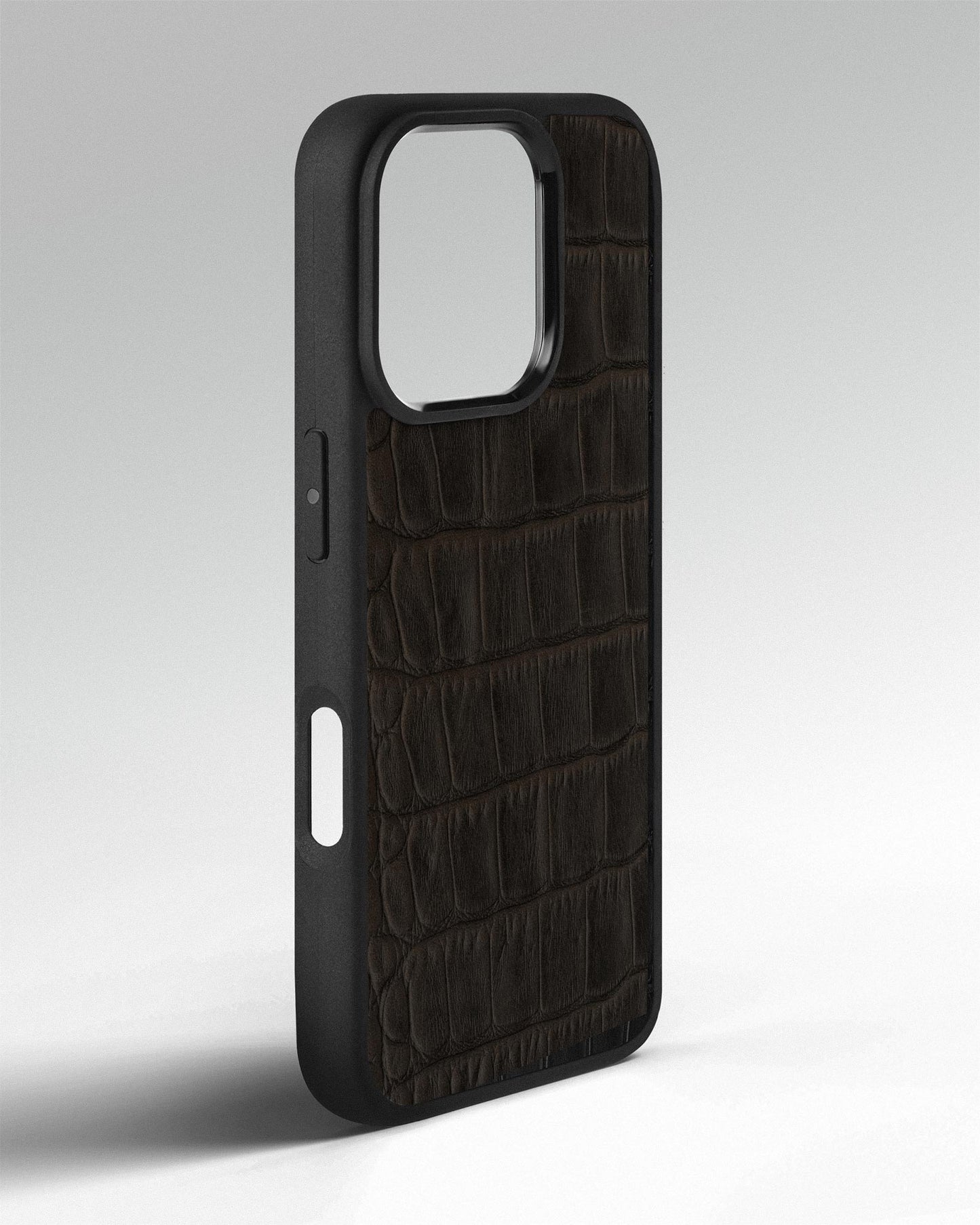 Dark Brown Crocodile Emboss on Calfskin Sport Case for iPhone 16 Pro Max