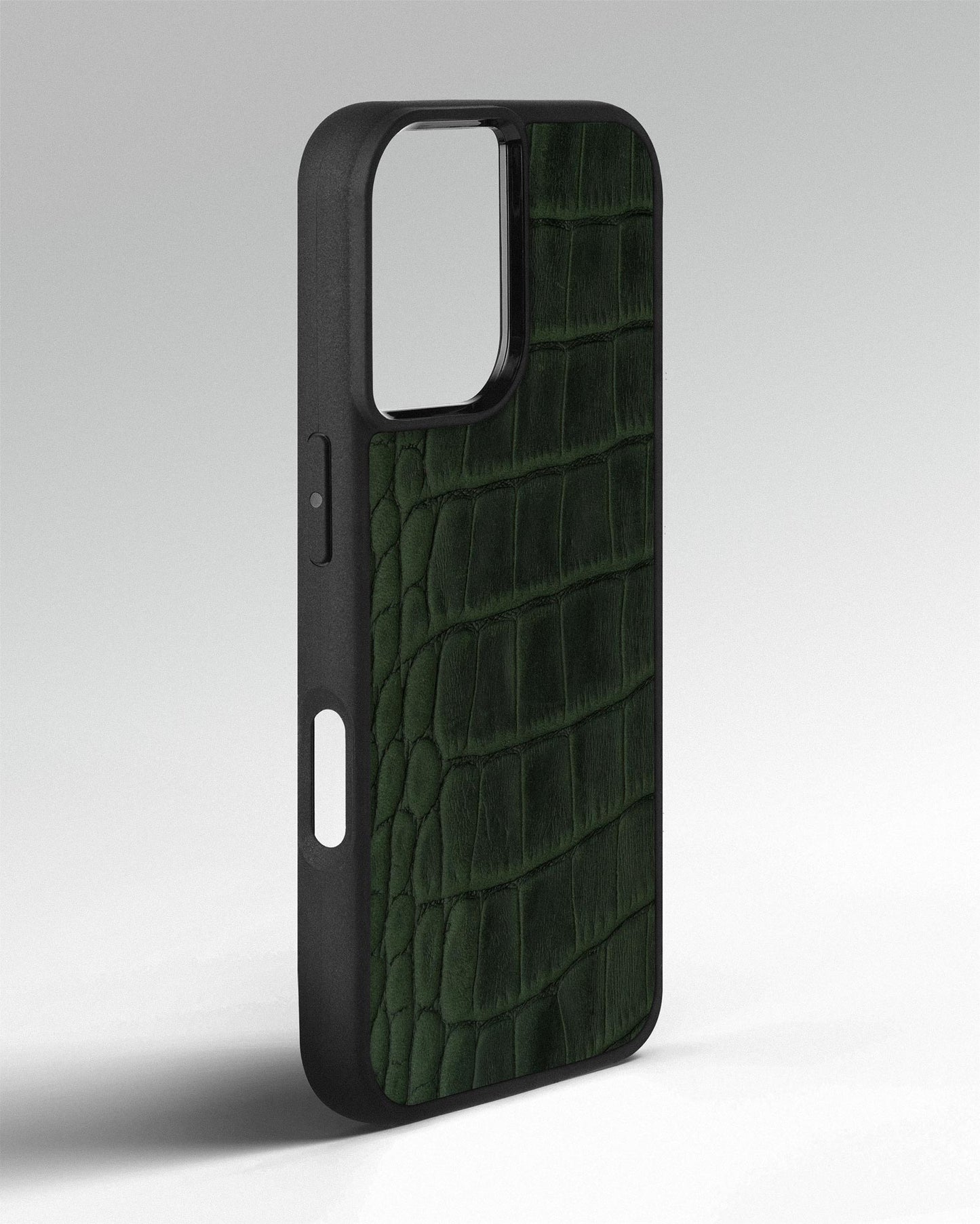 Dark Green Crocodile Emboss on Calfskin Sport Case for iPhone 16 Plus