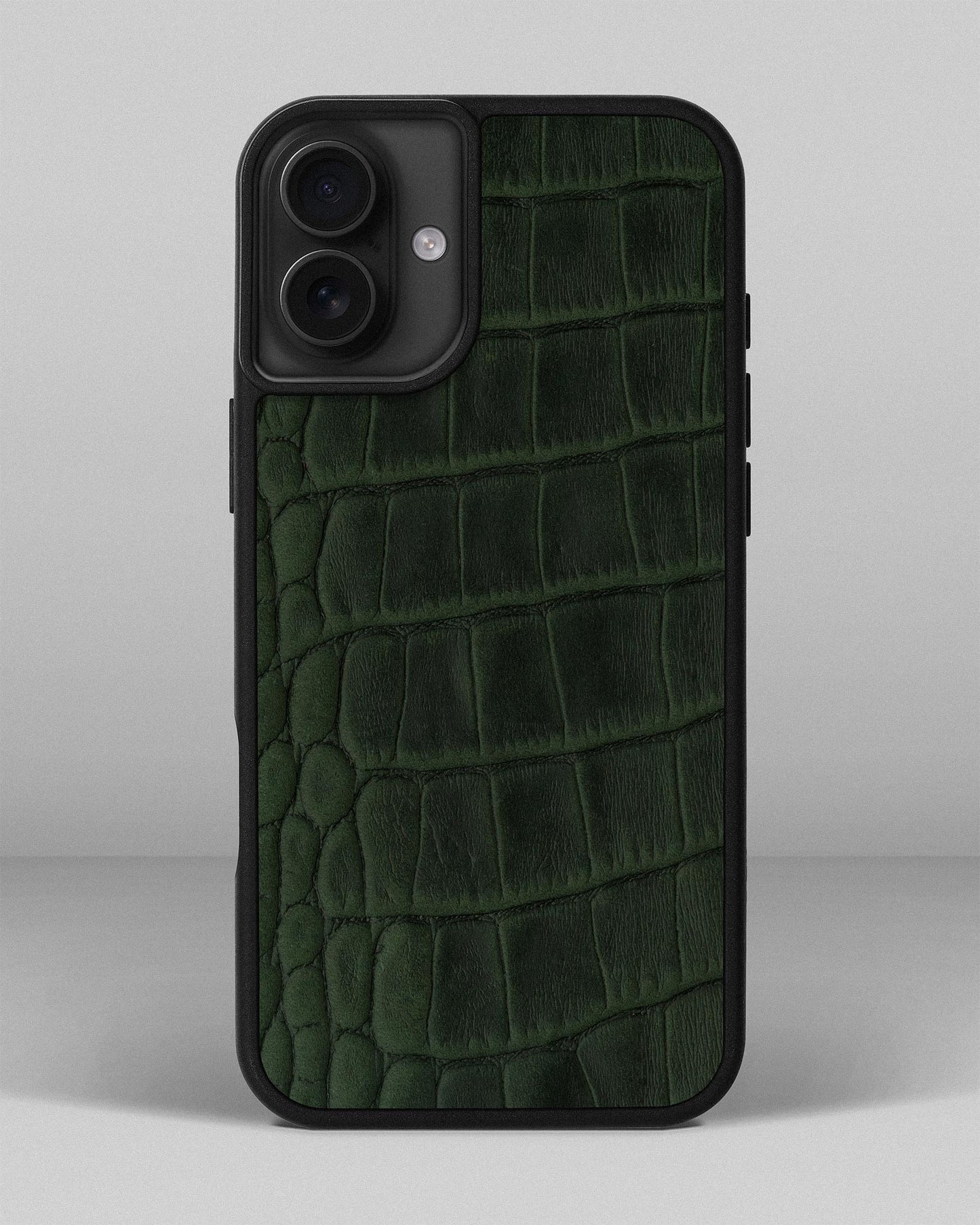 Dark Green Crocodile Emboss on Calfskin Sport Case for iPhone 16 Plus