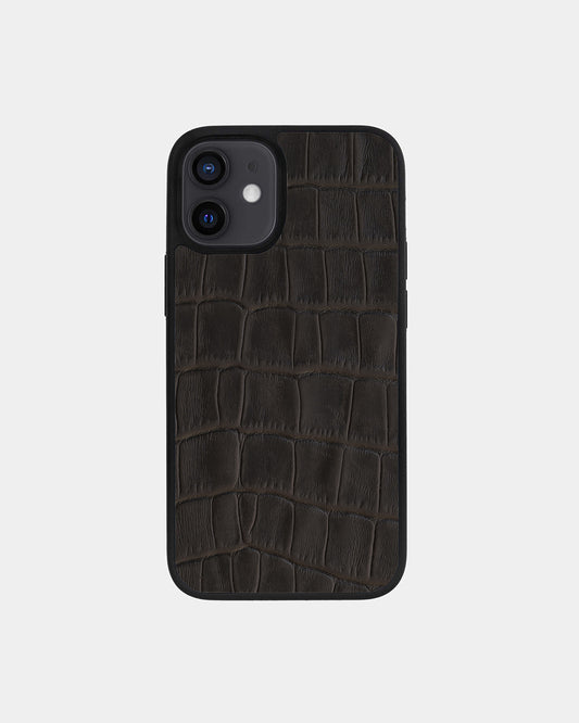 Dark Brown Crocodile Emboss on Calfskin Sport Case for iPhone 12