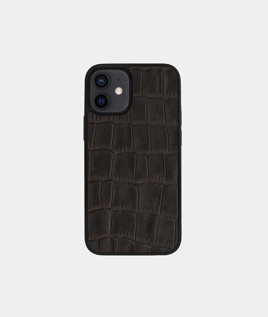 Dark Brown Crocodile Emboss on Calfskin Sport Case for iPhone 12 Mini