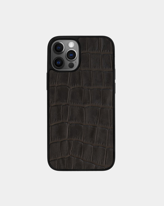 Dark Brown Crocodile Emboss on Calfskin Sport Case for iPhone 12 Pro