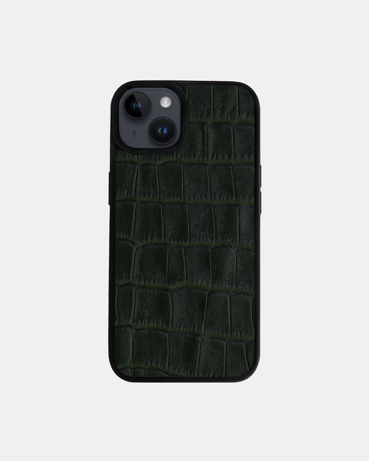 Dark Green Crocodile Emboss on Calfskin Sport Case for iPhone 14