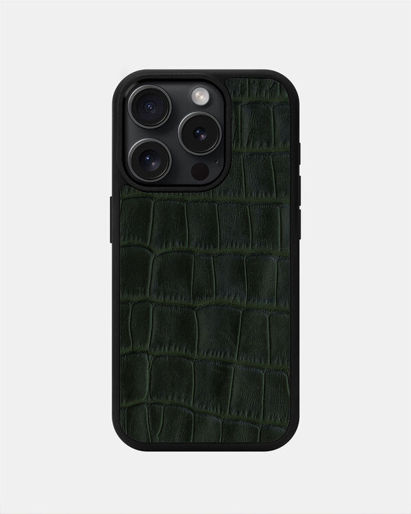 Dark Green Crocodile Emboss on Calfskin Sport Case for iPhone 15 Pro