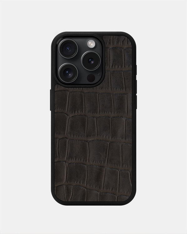 Dark Brown Crocodile Emboss on Calfskin Sport Case for iPhone 15 Pro