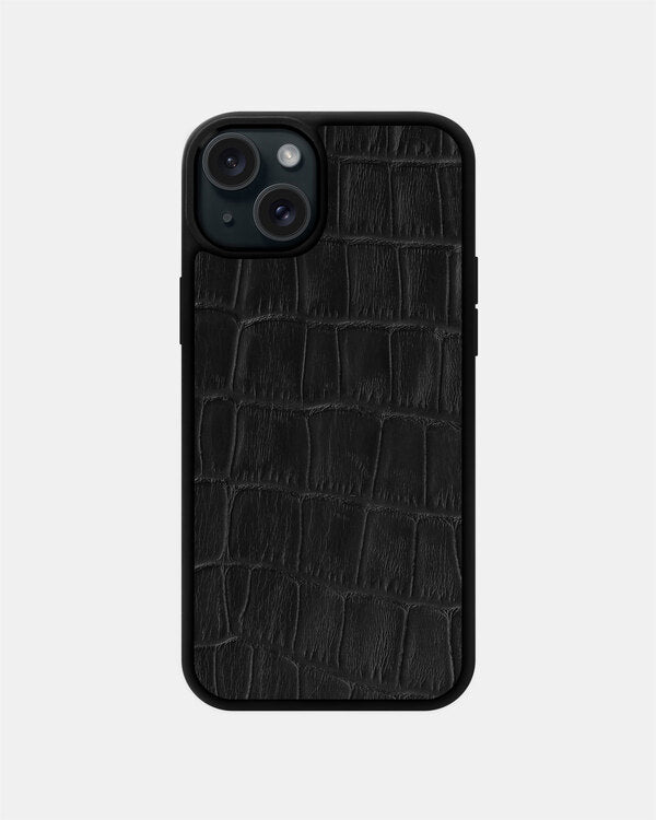 Black Crocodile Emboss on Calfskin Sport Case for iPhone 15