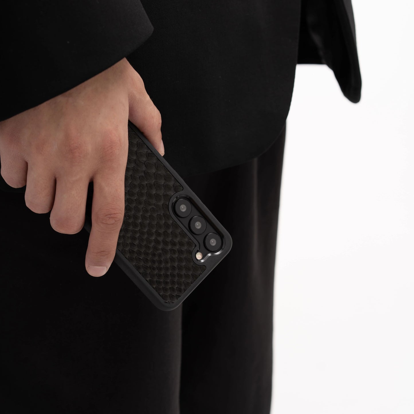 غطاء جلدي أسود مع أغطية للرأس لهاتف Samsung S23