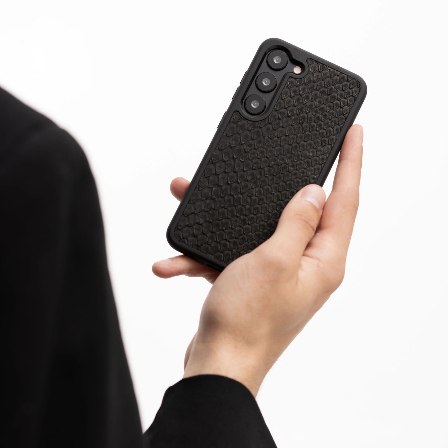 غطاء جلدي أسود مع أغطية للرأس لهاتف Samsung S23