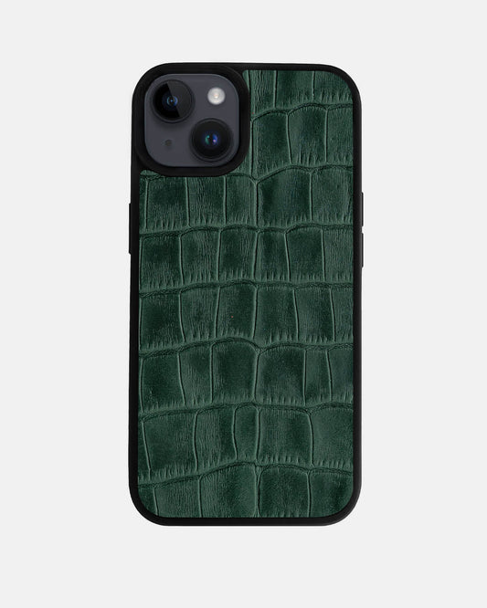 Dark Green Crocodile Emboss on Calfskin Sport Case for iPhone 14 Plus