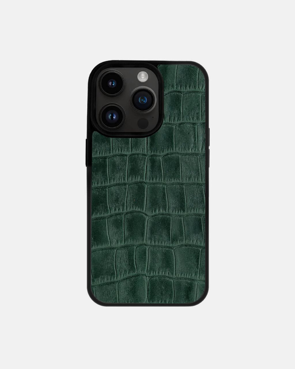 Dark Green Crocodile Emboss on Calfskin Sport Case for iPhone 14 Pro