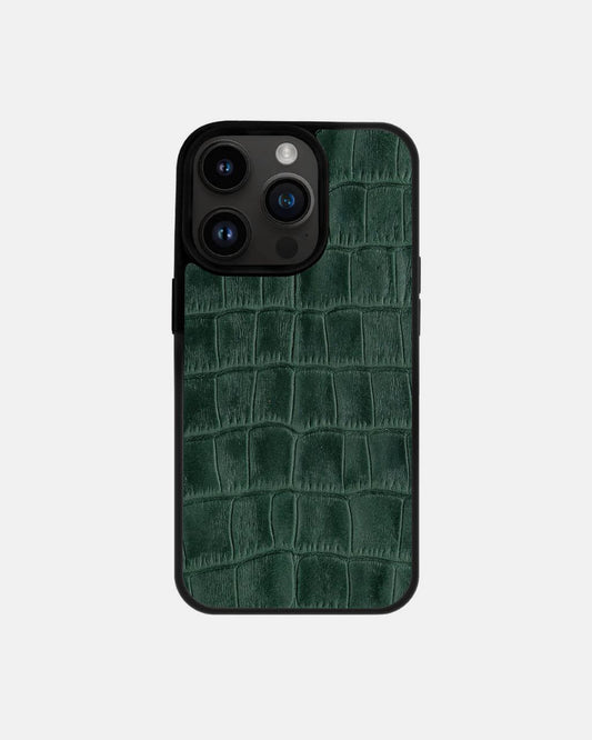 Dark Green Crocodile Emboss on Calfskin Sport Case for iPhone 14 Pro