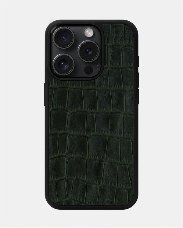 Dark Green Crocodile Emboss on Calfskin Sport Case for iPhone 15 Pro Max