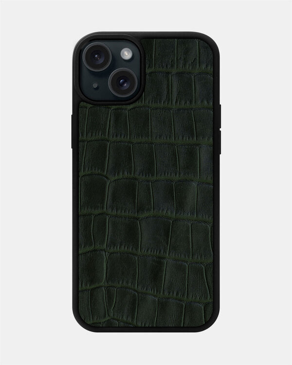 Dark Green Crocodile Emboss on Calfskin Sport Case for iPhone 15 Plus