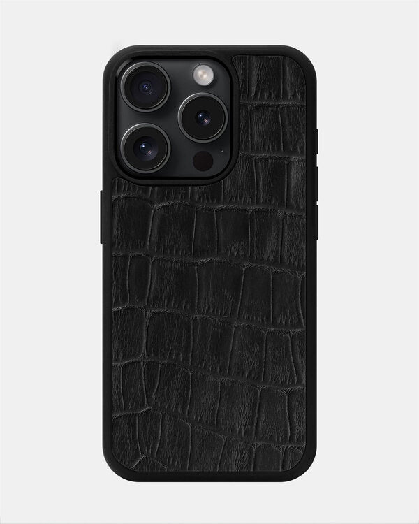 حافظة رياضية من جلد العجل بنقش جلد التمساح الأسود لهاتف iPhone 15 Pro Max
