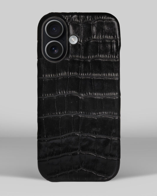 Black Crocodile-Embossed Leather Full-Wrap Case for iPhone 14 Plus