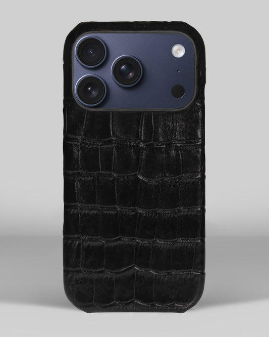 Black Crocodile-Embossed Leather Full-Wrap Case for iPhone 15 Pro