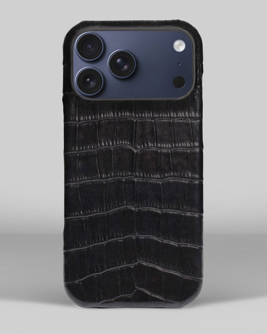 Black Crocodile-Embossed Leather Full-Wrap Case for iPhone 15 Pro Max