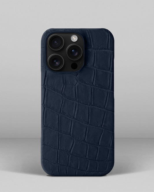 Navy Blue Crocodile Leather Full-Wrap Case for iPhone 16 Pro