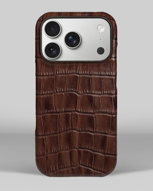 Brown Crocodile-Embossed Leather Full-Wrap Case for iPhone 15 Pro