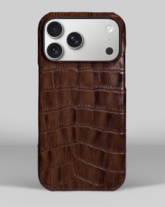 Brown Crocodile-Embossed Leather Full-Wrap Case for iPhone 15 Pro Max