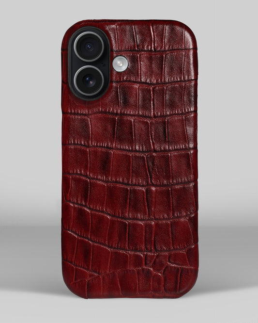 Red Crocodile-Embossed Leather Full-Wrap Case for iPhone 16 Plus