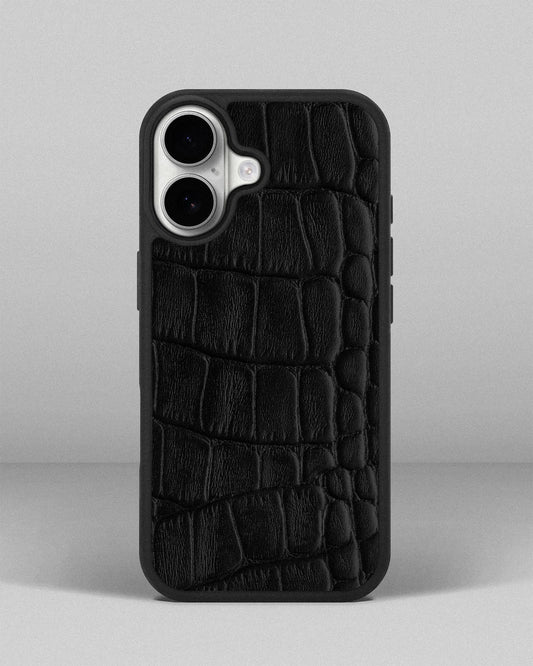 Black Crocodile Emboss on Calfskin Sport Case for iPhone 17