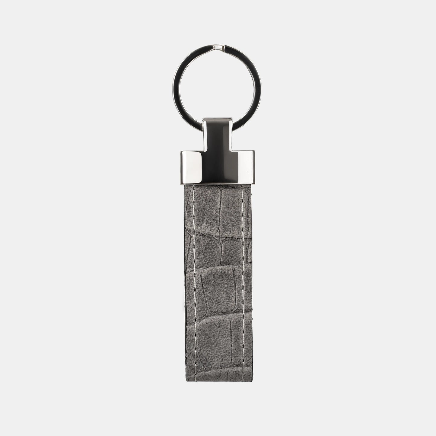 Grey Crocodile-Embossed Leather Keychain