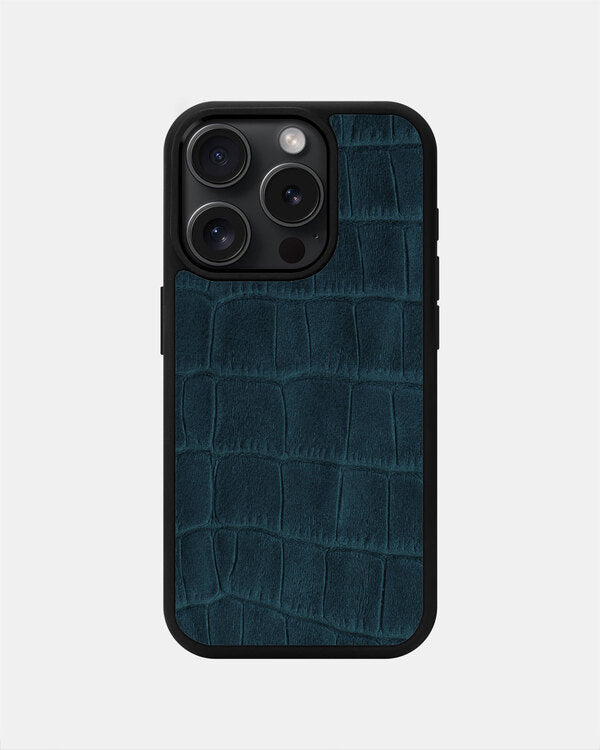 Navy Blue Crocodile Emboss on Calfskin Sport Case for iPhone 15 Pro