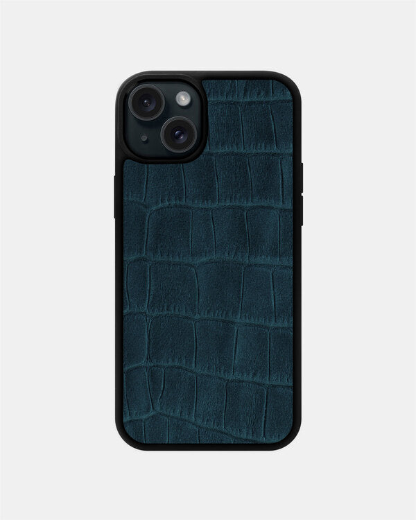 Navy Blue Crocodile Emboss on Calfskin Sport Case for iPhone 15