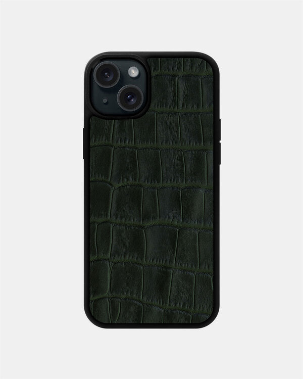 Dark Green Crocodile Emboss on Calfskin Sport Case for iPhone 15