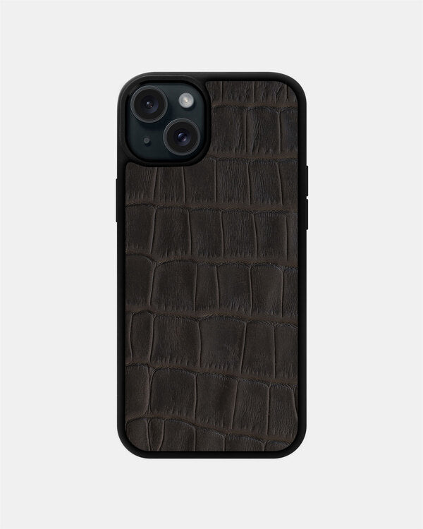 Dark Brown Crocodile Emboss on Calfskin Sport Case for iPhone 15