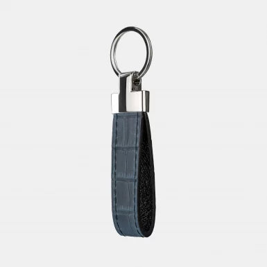 Navy Blue Crocodile-Embossed Leather Keychain