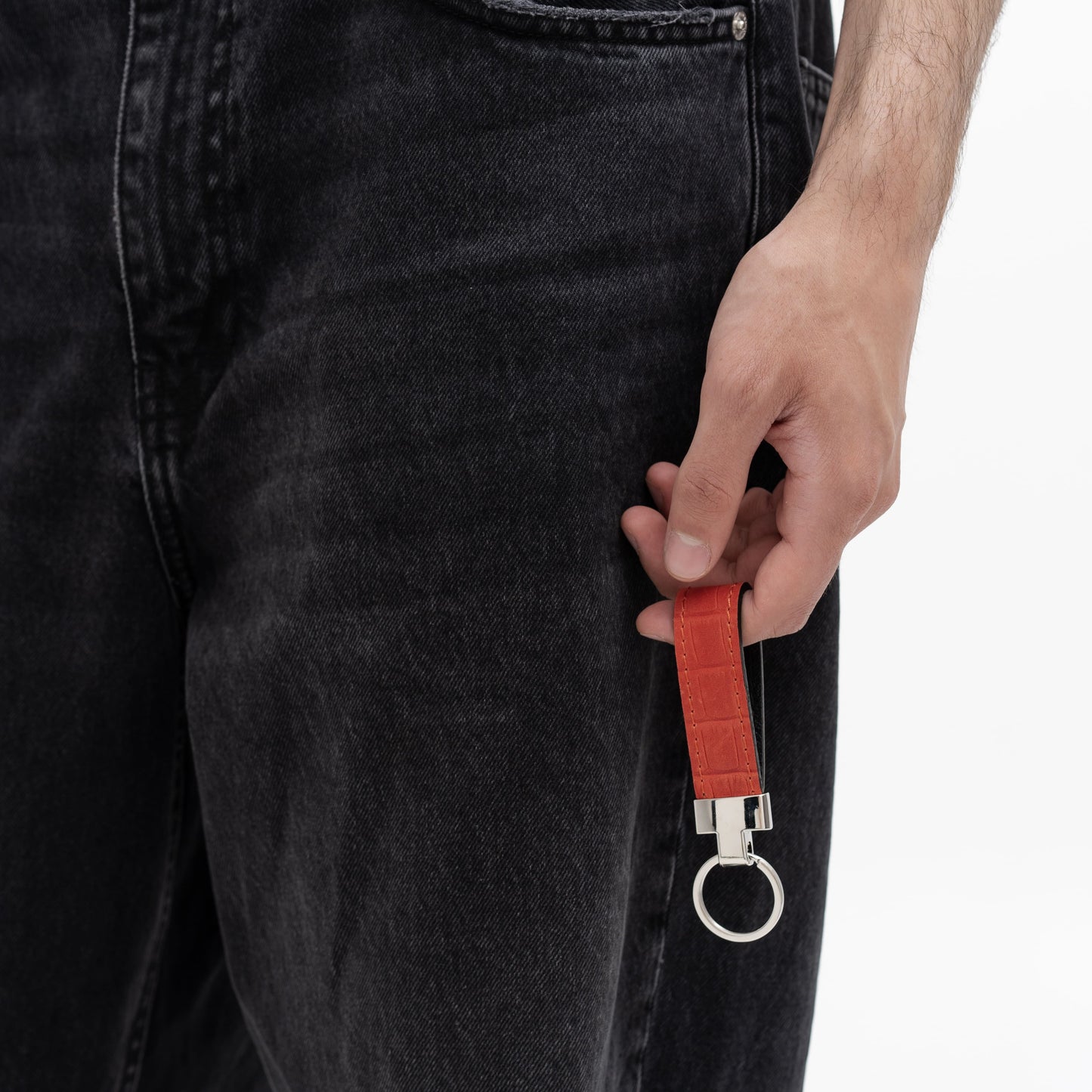 Red Crocodile-Embossed Leather Keychain