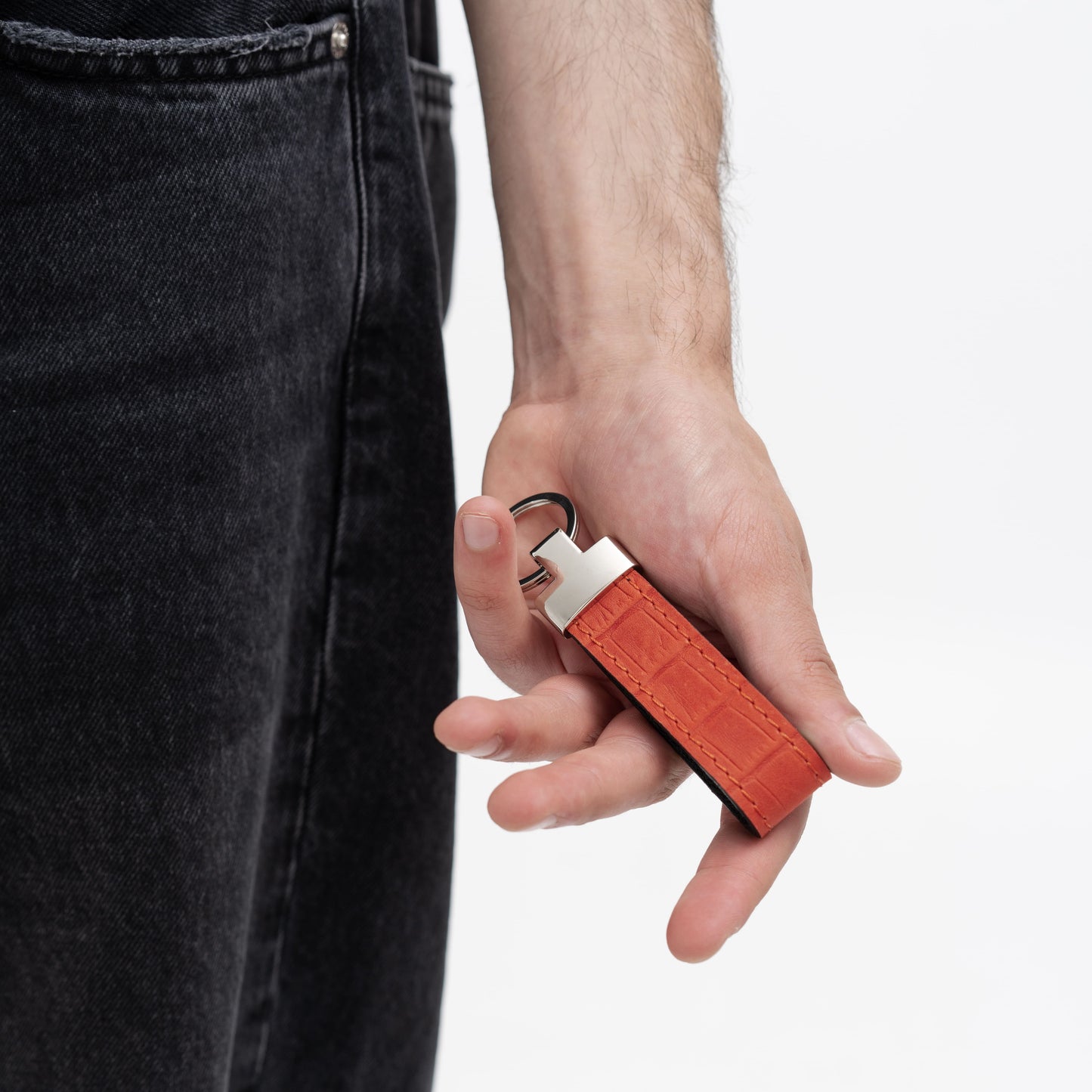 Red Crocodile-Embossed Leather Keychain