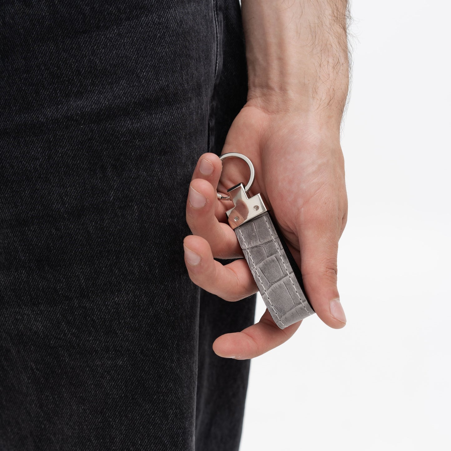 Grey Crocodile-Embossed Leather Keychain