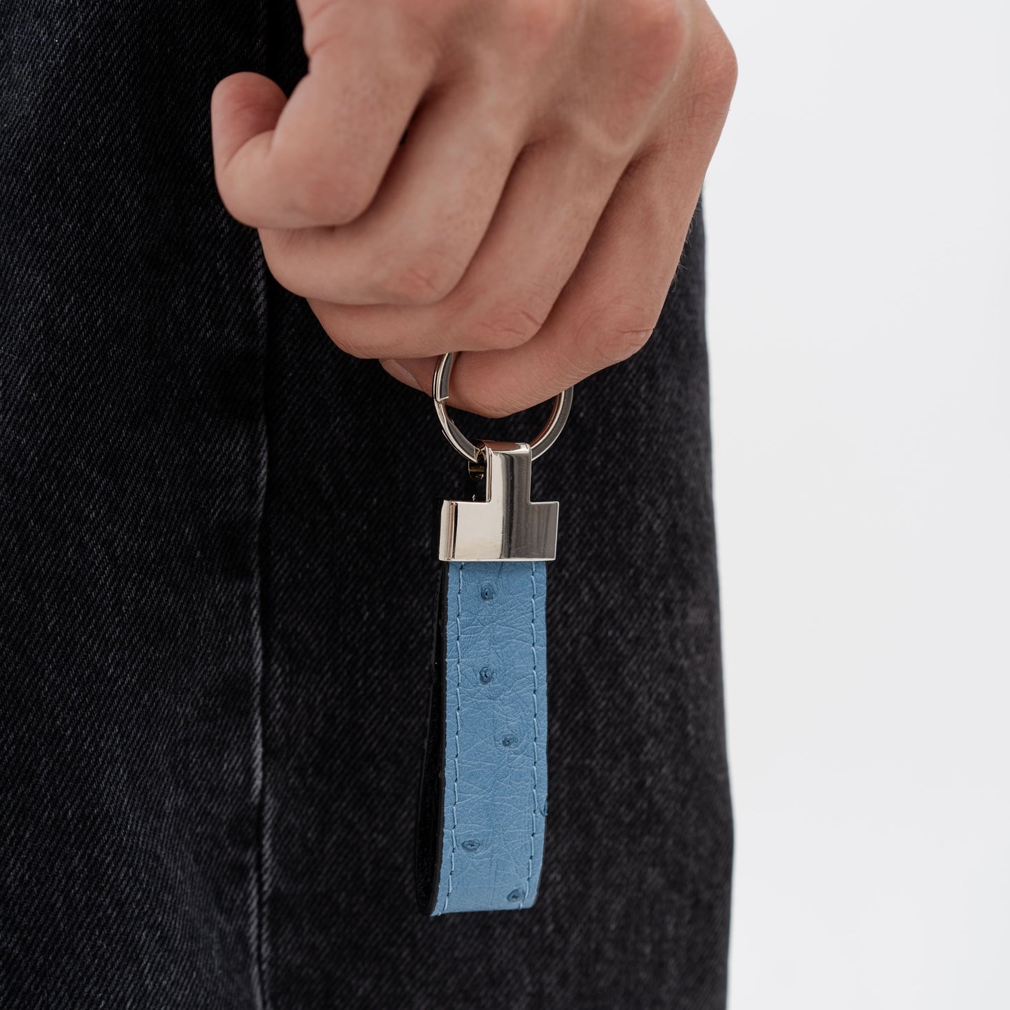 Blue Ostrich Leather Keychain