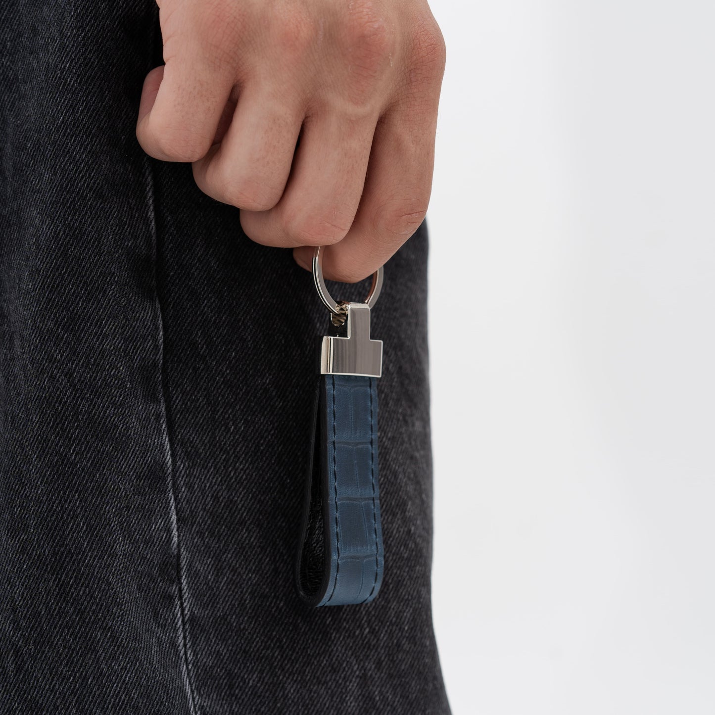 Navy Blue Crocodile-Embossed Leather Keychain