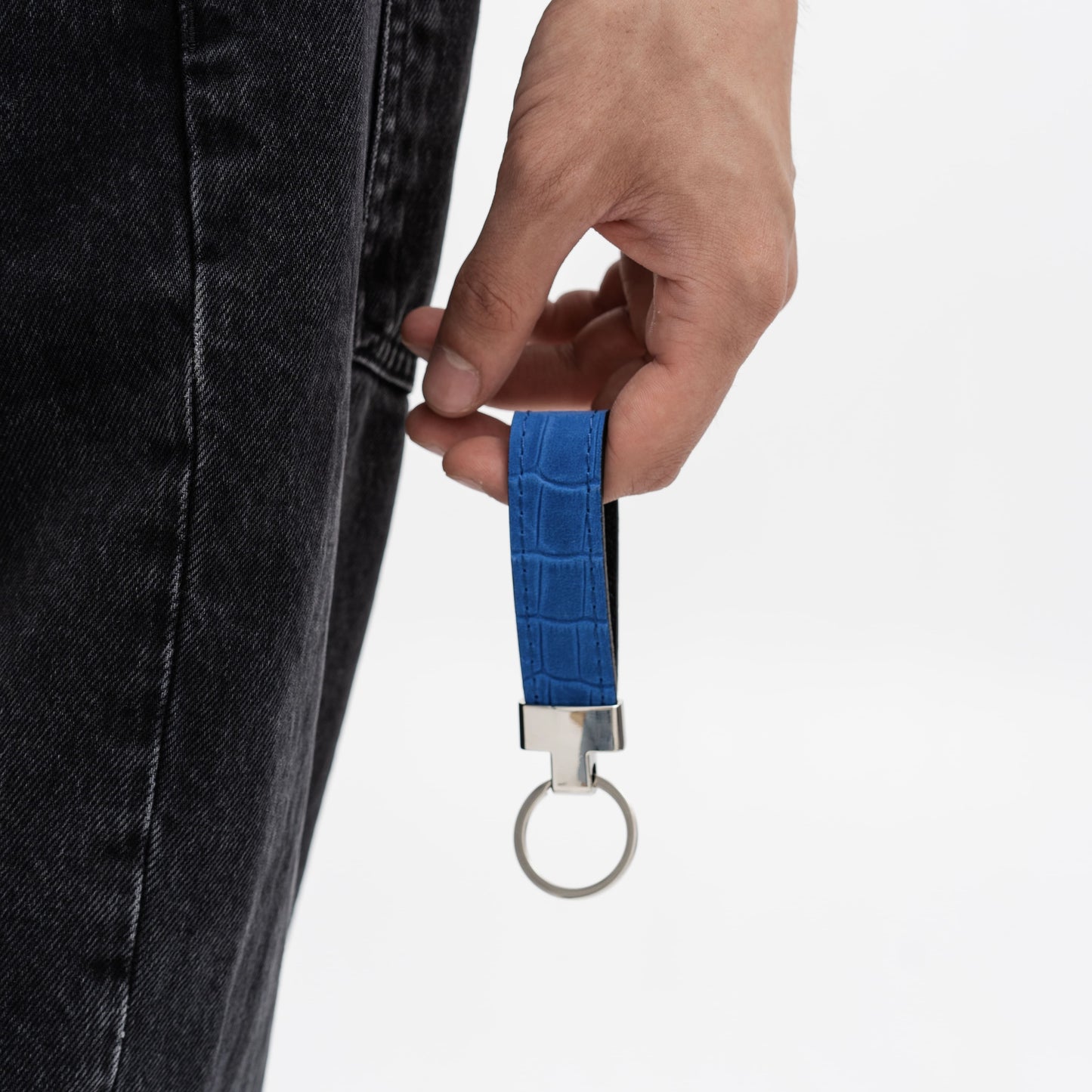 Blue Crocodile-Embossed Leather Keychain