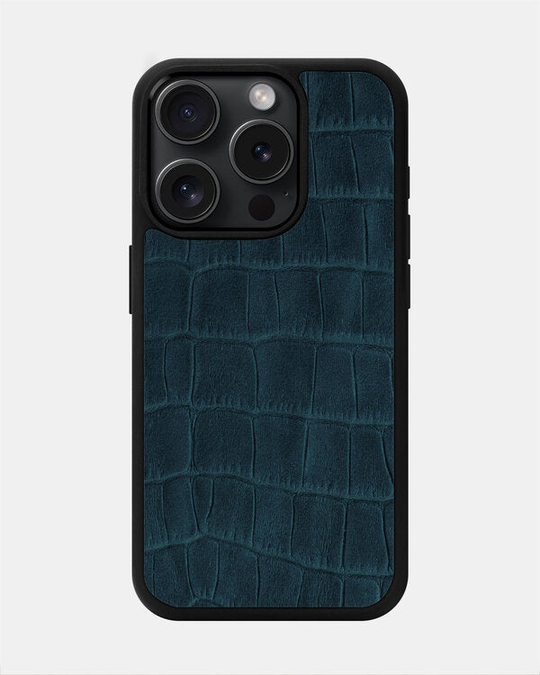 Navy Blue Crocodile Emboss on Calfskin Sport Case for iPhone 15 Pro Max