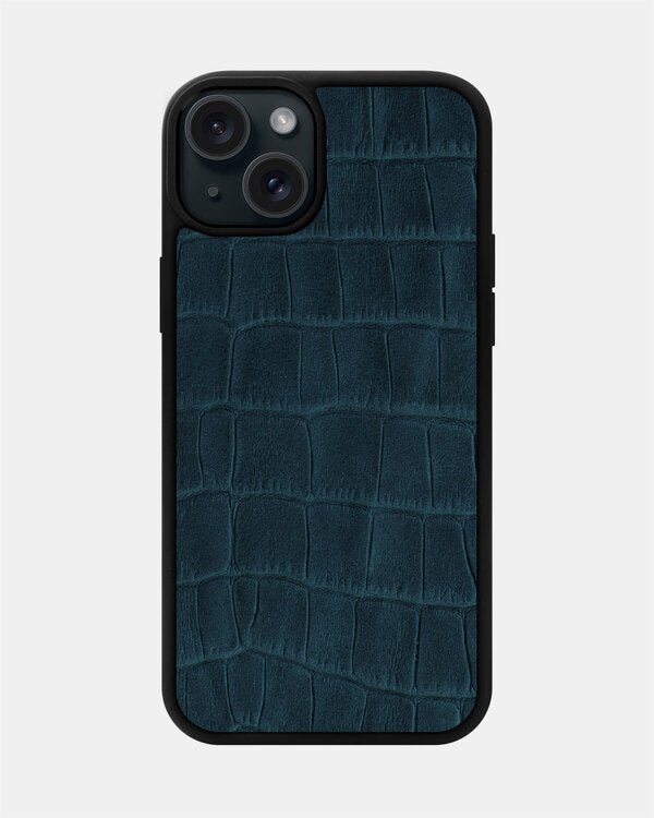 Navy Blue Crocodile Emboss on Calfskin Sport Case for iPhone 15 Plus