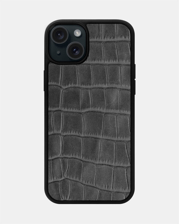 Grey Crocodile Emboss on Calfskin Sport Case for iPhone 15 Plus