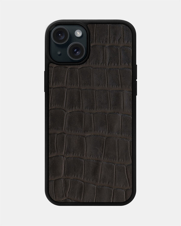 Dark Brown Crocodile Emboss on Calfskin Sport Case for iPhone 15 Plus